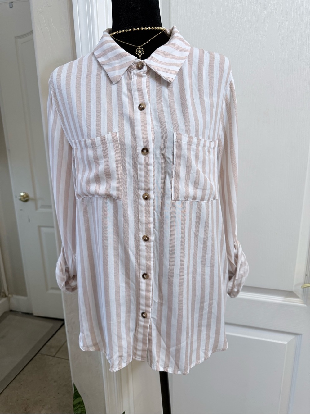mittoshop Cream and Beige Vertical Stripe Button-Down Shirt